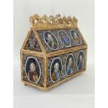 19TH CENTURY GILTWOOD & ENAMEL SET CHASSE OR CASKET IN THE 16TH CENTURY LIMOGES STYLE, the