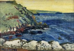 ‡ FRED YATES oil on canvas laid to board - coastal scene with headland and rocks, entitled verso '