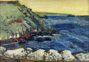 ‡ FRED YATES oil on canvas laid to board - coastal scene with headland and rocks, entitled verso '