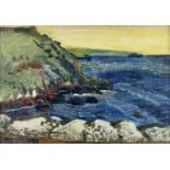 ‡ FRED YATES oil on canvas laid to board - coastal scene with headland and rocks, entitled verso '