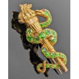 YELLOW METAL TORCH & SERPENT BAR BROOCH, the flaming torch having coiled serpent set with twenty-six