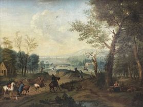 18TH CENTURY FLEMISH SCHOOL oil on canvas - The Stag Hunt, with figures and quarry to the fore and