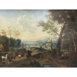 18TH CENTURY FLEMISH SCHOOL oil on canvas - The Stag Hunt, with figures and quarry to the fore and