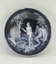 RARE 16TH CENTURY LIMOGES GRISAILLE & GILT ENAMEL BOWL 'ADAM AND EVE EATING THE FORBIDDEN FRUIT', c.