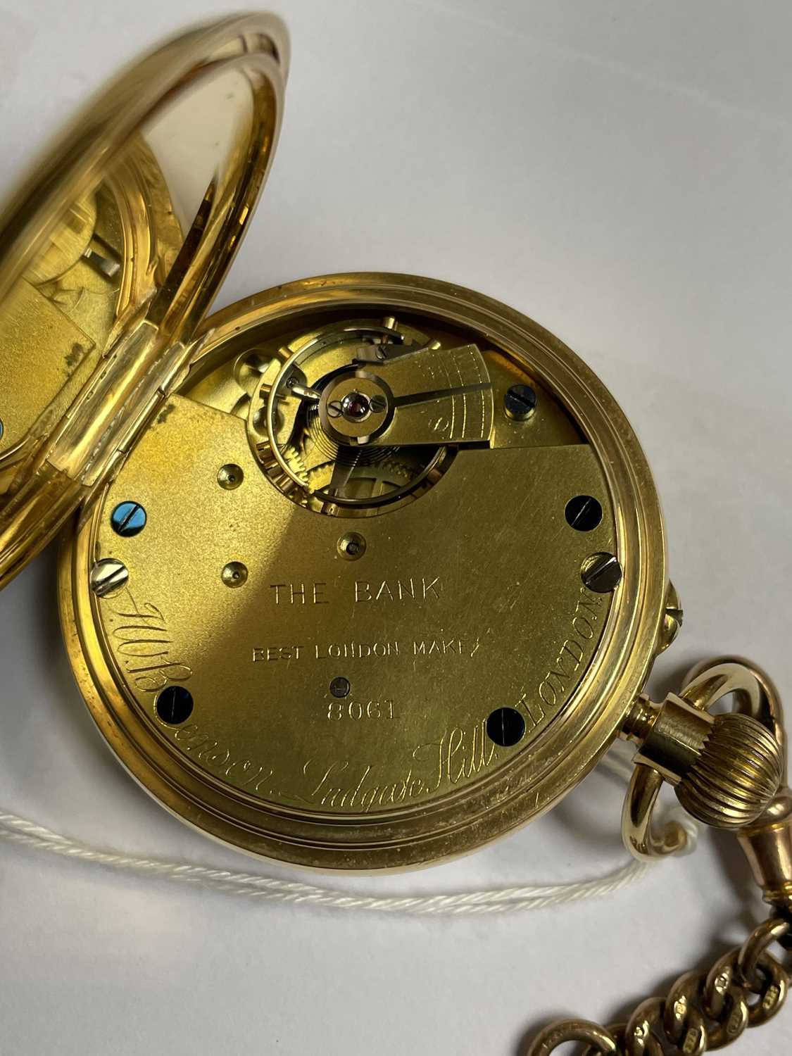 J.W. BENSON 18CT GOLD OPEN FACED POCKET WATCH, white enamel roman dial with subsidiary seconds dial, - Image 2 of 2