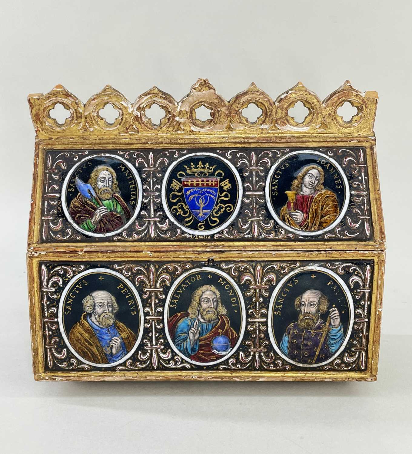 19TH CENTURY GILTWOOD & ENAMEL SET CHASSE OR CASKET IN THE 16TH CENTURY LIMOGES STYLE, the - Image 4 of 6