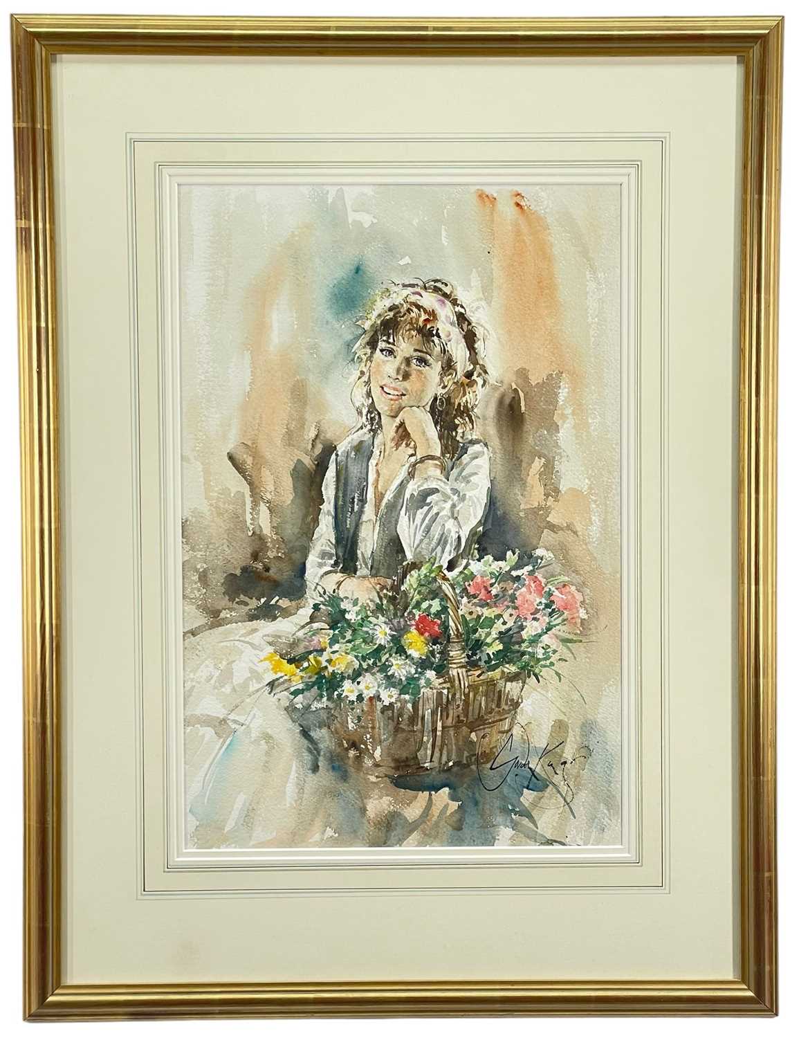 ‡ GORDON KING watercolour - study of a girl with a basket of flowers, entitled 'Sunny Smile', - Image 2 of 2