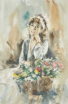 ‡ GORDON KING watercolour - study of a girl with a basket of flowers, entitled 'Sunny Smile',