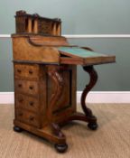 MID-VICTORIAN BURR WALNUT PIANO TOP DAVENPORT DESK, with rise and full stationery component, pull