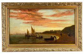 19TH CENTURY ENGLISH SCHOOL oil on canvas - beach scene with walking figures, fishing boats, distant