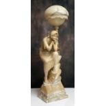 LARGE 19TH CENTURY CONTINENTAL CARVED ALABASTER FIGURAL LAMP, allegorical of 'The Sailor's Return' -