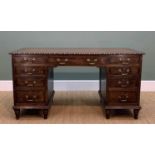 STAINED OAK WRITING DESK, Elizabethan-style moulded top inset tooled leather writing surface,