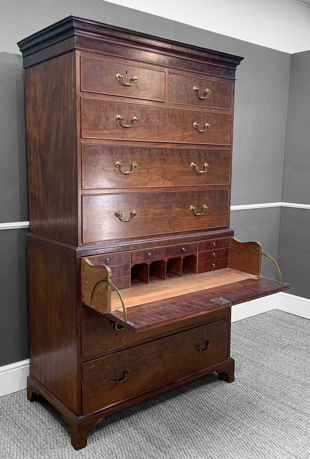 19TH CENTURY MAHOGANY SECTRETAIRE TALLBOY CHEST, shallow cornice, plain frieze, fitted with an - Image 6 of 7