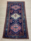 HAMADAN NARROW RUG, blue, pink, and cream, three pointed lozenge shaped medallions, inside field