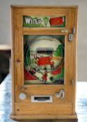 OLIVER WHALES ALLWIN PENNY SLOT PINBALL MACHINE, 'Win a Rowntree Kitkat', with keys, 80cms