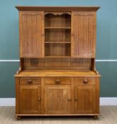 VICTORIAN STYLE MODERN REPRODUCTION ELM COUNTRY DRESSER, fitted with shelves and cupboards on bun