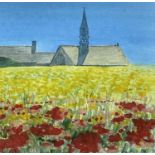 ‡ GEORGE LITTLE (Welsh, 1927-2017) watercolour - view of distant church and bell tower across