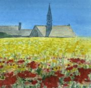 ‡ GEORGE LITTLE (Welsh, 1927-2017) watercolour - view of distant church and bell tower across