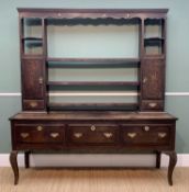 GEORGE III OAK & MAHOGANY CROSS-BANDED SHROPSHIRE DRESSER, shaped cornice above three shelves and