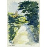 ‡ K D RICHARDS (Contemporary) watercolour - distant view of Claverly Church, Shropshire, signed