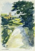 ‡ K D RICHARDS (Contemporary) watercolour - distant view of Claverly Church, Shropshire, signed