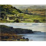 THOMAS HUSON oils on board - two views of north Wales, one entitled verso 'Seaweed and Rock', the