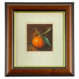 ‡ ELIZABETH WILLIAMS (Welsh Contemporary) acrylic on card - still life clementine with leaves,