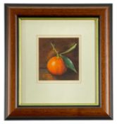 ‡ ELIZABETH WILLIAMS (Welsh Contemporary) acrylic on card - still life clementine with leaves,