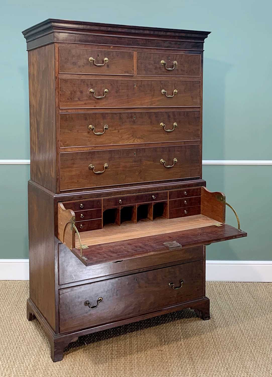 19TH CENTURY MAHOGANY SECTRETAIRE TALLBOY CHEST, shallow cornice, plain frieze, fitted with an - Image 4 of 7