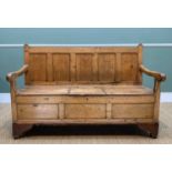 18TH CENTURY-STYLE PINE BOX SETTLE, five panel back above downswept arms, triple panelled front