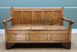 18TH CENTURY-STYLE PINE BOX SETTLE, five panel back above downswept arms, triple panelled front