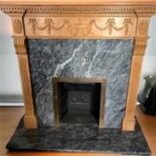 MODERN PINE CHIMNEYPIECE, with applied frieze mouldings, grey marble insert and base, 140cms w