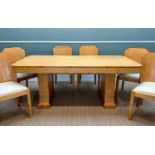 ATTRIBUTED TO H & L EPSTEIN: ART DECO BIRD'S EYE MAPLE DINING TABLE & CHAIRS, comprising trestle end
