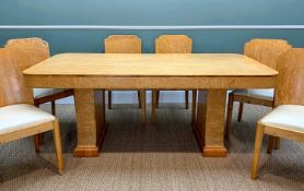 ATTRIBUTED TO H & L EPSTEIN: ART DECO BIRD'S EYE MAPLE DINING TABLE & CHAIRS, comprising trestle end