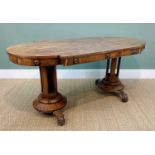 EARLY VICTORIAN ROSEWOOD LIBRARY TABLE, the top with rounded ends and outset sides, frieze applied