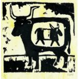 ‡ RUTH JEN (b.1964) limited edition (3/5) linocut - bull and calf, signed and numbered in pencil,