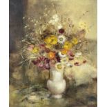 ‡ EDNA BIZON (British, 1929-2016) oil on canvas - still life of dried wildflowers in a white vase,