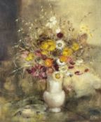 ‡ EDNA BIZON (British, 1929-2016) oil on canvas - still life of dried wildflowers in a white vase,