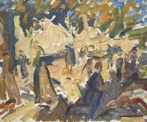 ‡ JOHN CYRLAS WILLIAMS (Welsh, 1902-1965) oil on canvas - semi-abstract autumnal landscape,
