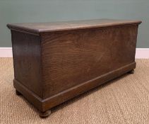 ANTIQUE ELM COFFER, of plain boarded construction, moulded hinged top and moulded base raised on bun
