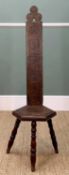 ANTIQUE SPINNING STOOL, with associated 17th Century Dutch mangle board back dated 1648 and