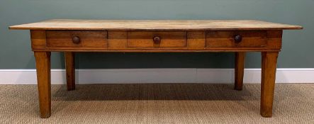 LATE 19TH CENTURY PINE KITCHEN TABLE, double plank top above three side frieze drawers on tapering