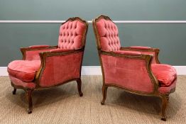 PAIR LOUIS XV-STYLE BERGERE ARMCHAIRS, moulded and carved rails, pink velour button-upholstered