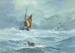 ‡ DEREK SCOTT (British, 20th Century) oil on canvas - stormy scene with two masted sailboat and