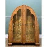 ART DECO WALNUT DISPLAY CABINET, arched form, astragal glazed doors, fixed glass shelves, 104h x