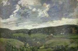‡ JOHN CYRLAS WILLIAMS (Welsh, 1902-1965) oil on canvas - view across valley with distant barn and