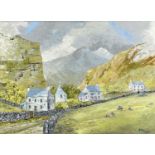 ‡ NIGEL MORGAN (Welsh Contemporary) oil on board - lane with cottages with mountain peaks in