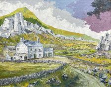 ‡ NIGEL MORGAN (Welsh Contemporary) oil on board - farm and outbuildings in valley below rocky