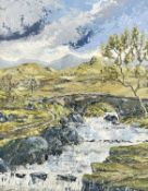 ‡ NIGEL MORGAN (Welsh Contemporary) oil on board - mountain stream with stone arched bridge and