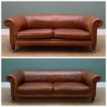 PAIR MODERN CHESTERFIELD-STYLE BROWN LEATHER SOFAS, with scroll arms and closenailed detail, on